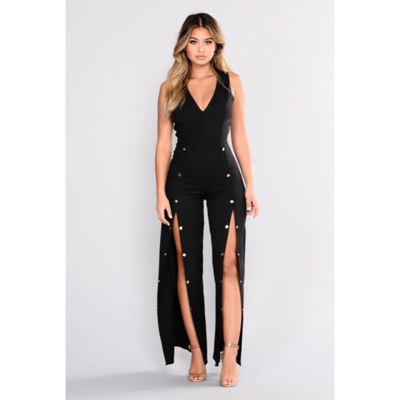 Fashion Nova Pants - Black Wide Leg Front Slit Jumpsuit